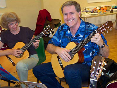 Our contra guitar players try out our alto guitars